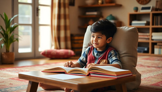 Indian child using back rest pillow for studying at home