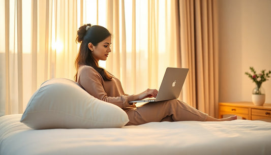 Backrest pillow for work from home India — woman working comfortably on laptop in bed